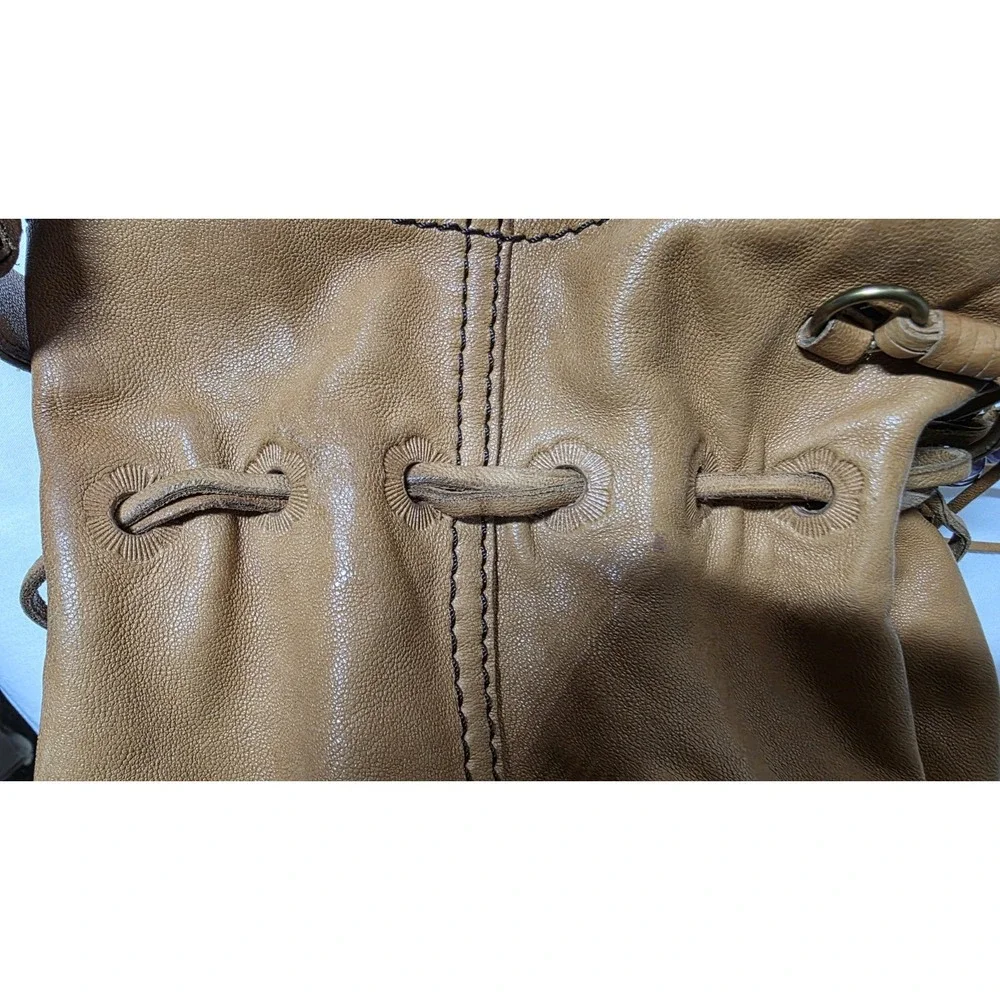 Lucky Brand Y2K Brown Lamb Leather Bucket Bag Boho Drawstring Crossbody Purse